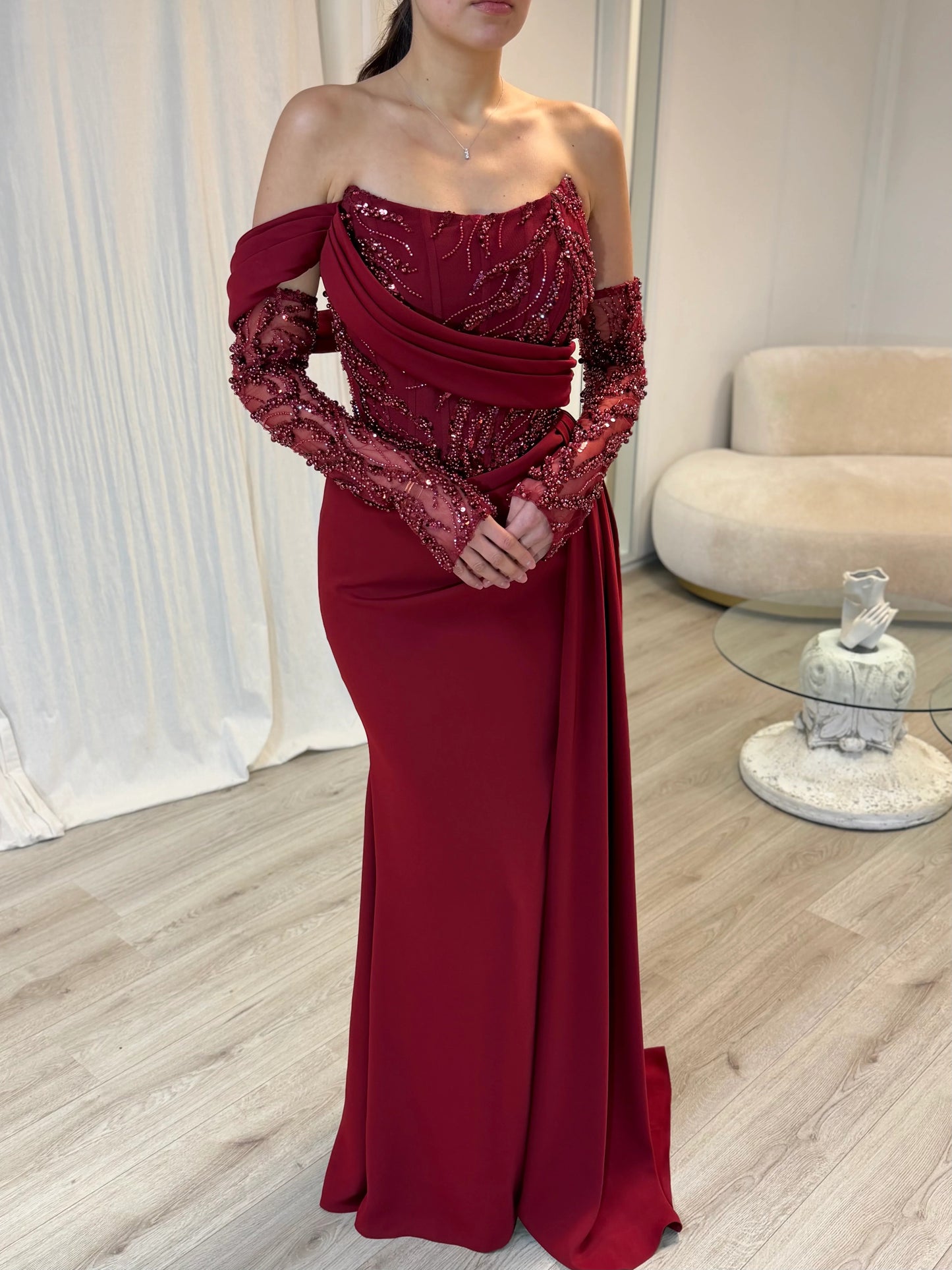 One Shoulder Detachable Long Sleeve Beaded Sequins Mermaid Evening Dress