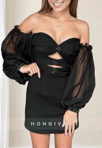 Off the Shoulder Long Sleeves Sweetheart Mini Homecoming Dresses with Keyhole