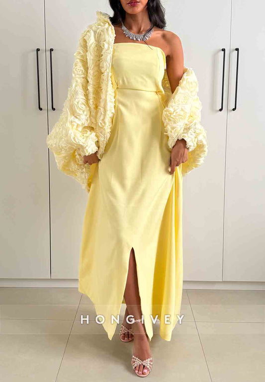 Shawl Pleated Flowers Strapless Ankle-Length With Slit A-Line Evening Gowns