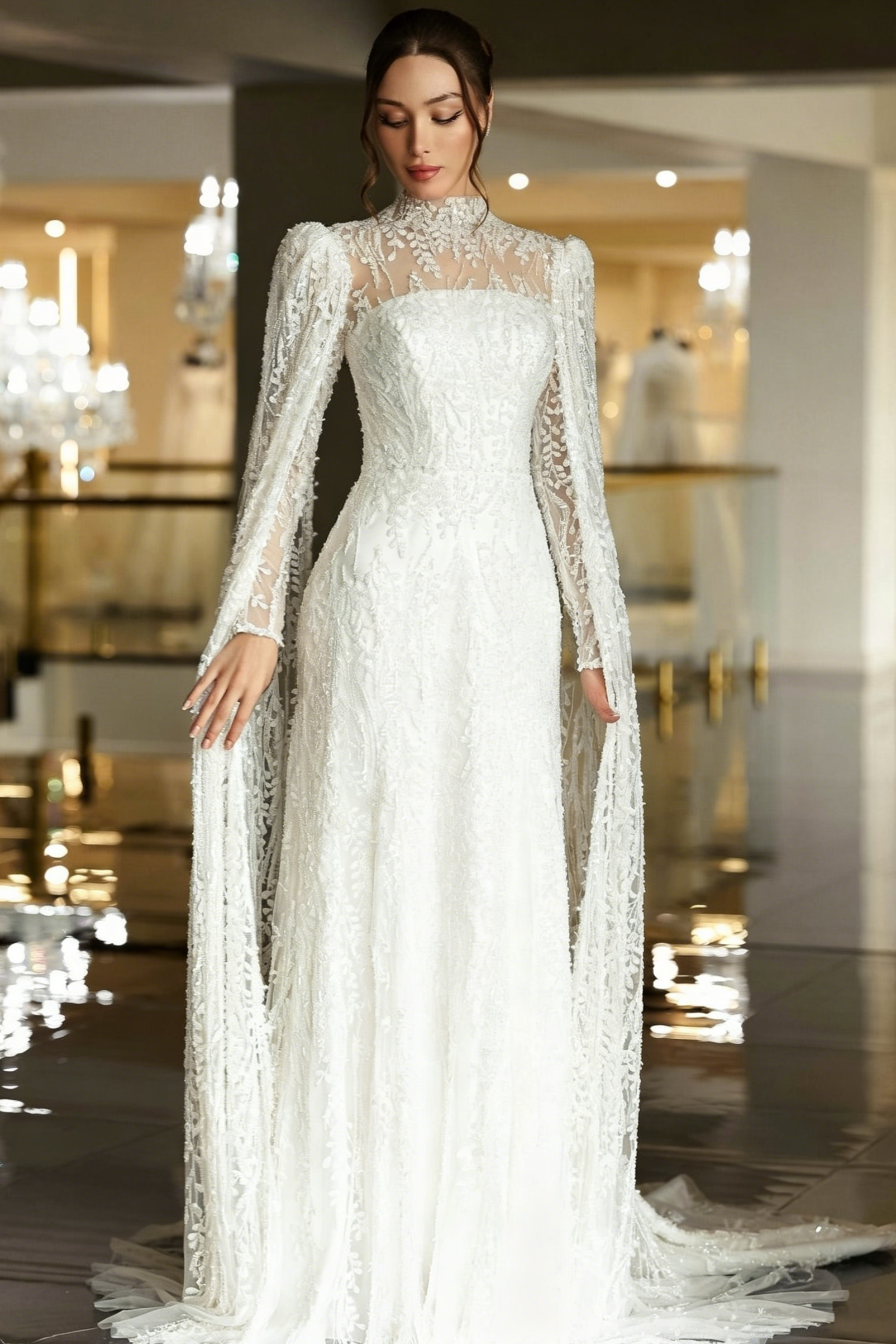 High Neck Long Sleeve Lace Bridal Gown with Cape