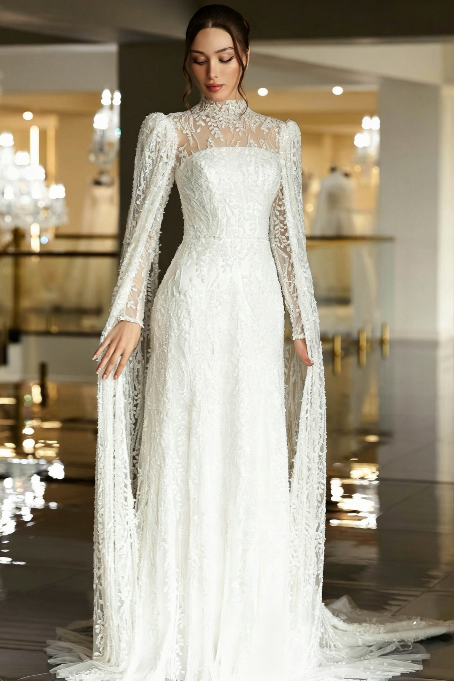 High Neck Long Sleeve Lace Bridal Gown with Cape