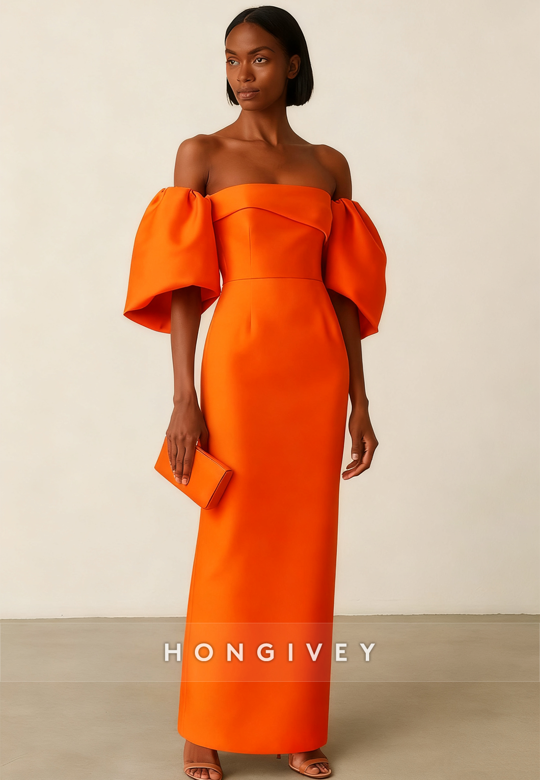 Off the Shoulder Satin Half Sleeves Column Ankle-Length Evening Gown