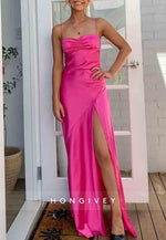 Spaghetti Straps Simple Sheath Pink Long Party Dress with High Slit
