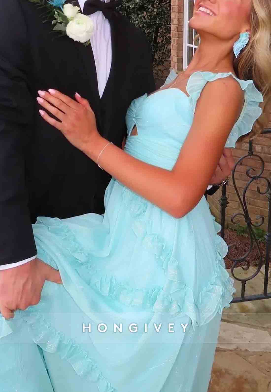 Cute A Line Sweetheart Blue Floor-Length Prom Dress with Ruffles