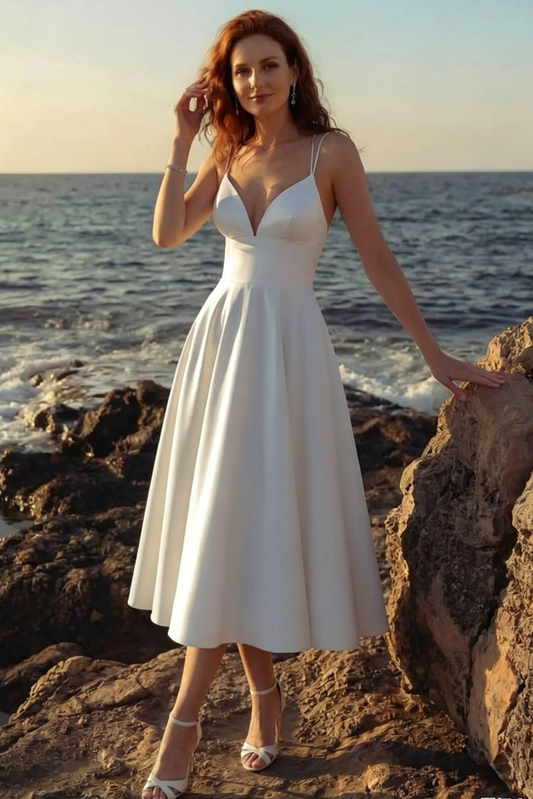 A-Line V-Neck Sleeveless Tea-Length Satin Wedding Dress With