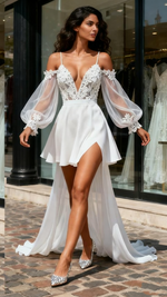 Tulle Long Sleeves High Low Spaghetti Straps Wedding Dress