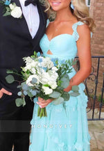 Cute A Line Sweetheart Blue Floor-Length Prom Dress with Ruffles