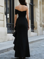 Black One-Shoulder Ruffled Evening Gown With Asymmetric Slit