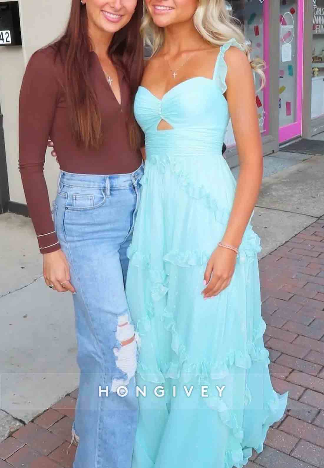 Cute A Line Sweetheart Blue Floor-Length Prom Dress with Ruffles