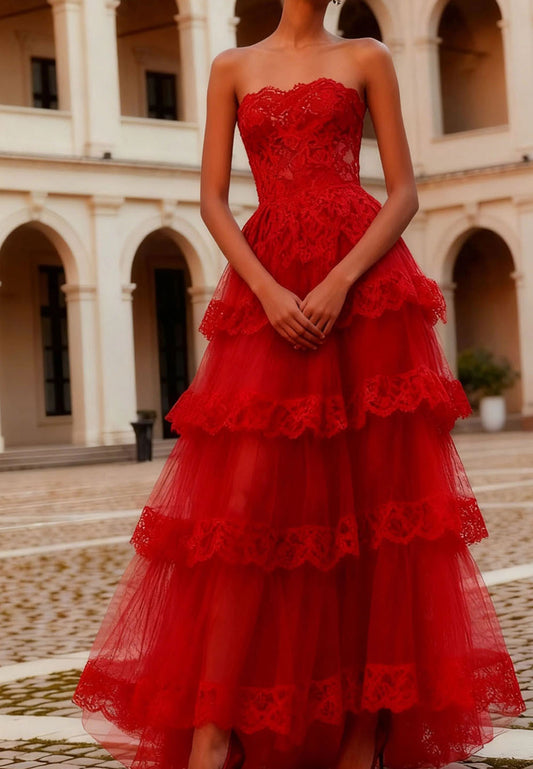 Red Strapless Sleeveless Tulle A-Line Tassel Floor-Length Prom Dress
