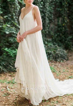 Low V-Neck Spaghetti Straps Court Train A-Line Backless Wedding Dresses