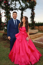Fuchsia Strapless Sleeveless A-Line Bow Party Prom Dress Floor-Length