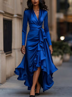Midnight Blue Draped Satin Maxi Dress With Ruffle Details