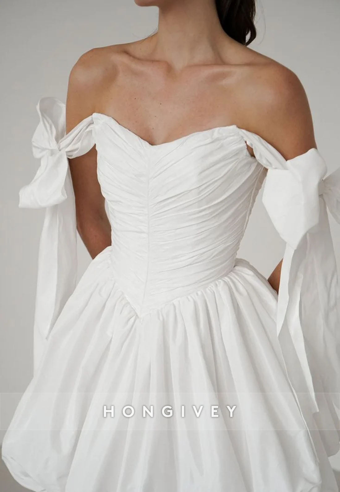 Off the Shoulder A-Line Ruched Crisscross Back Bridal Gowns with Bowknots