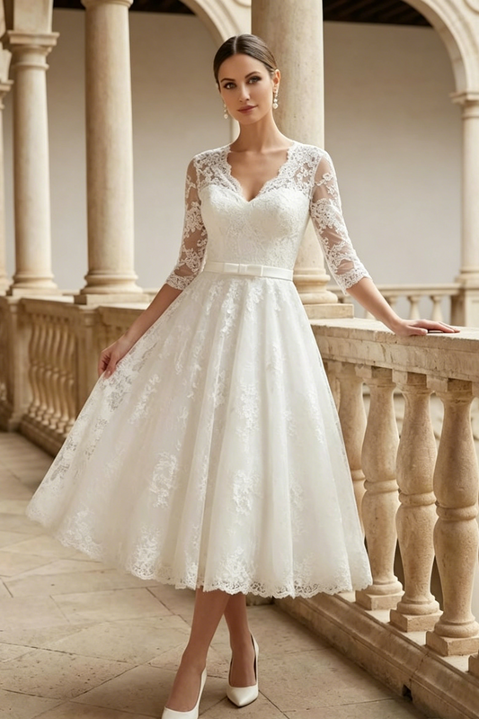 Short Ball-Gown Lace Wedding Dresses With 1/2 SleevesShort Ball-Gown Lace