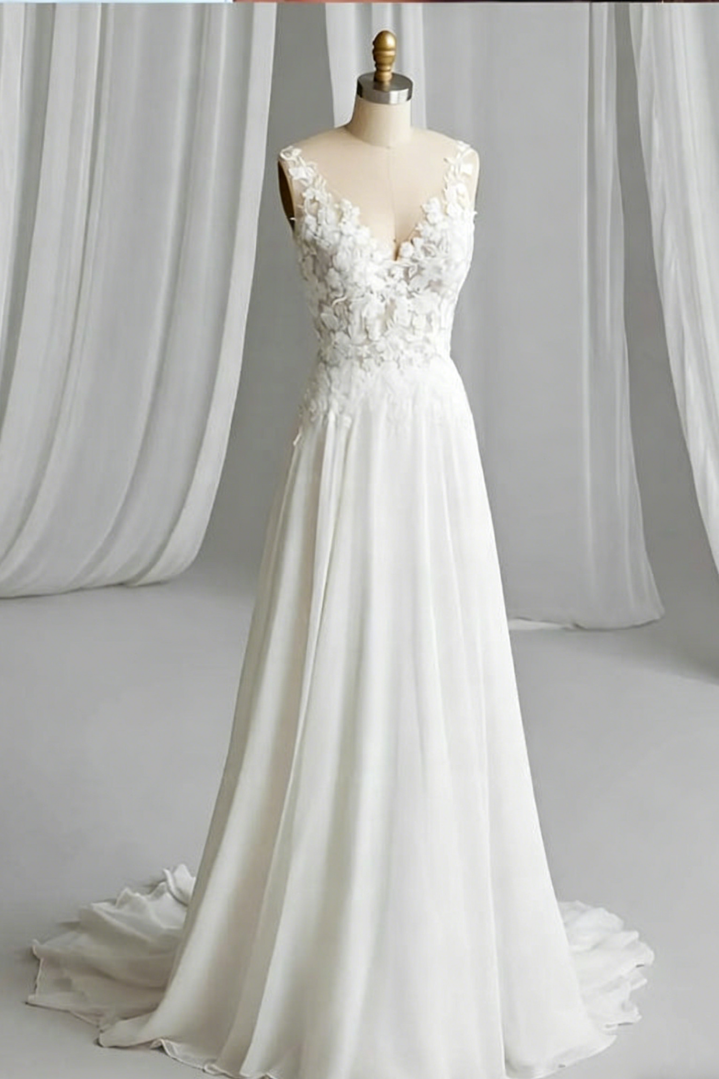 A-Line V-Neck Sleeveless Sweep Train Chiffon/Lace Wedding Dresses