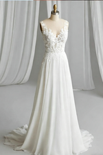 A-Line V-Neck Sleeveless Sweep Train Chiffon/Lace Wedding Dresses