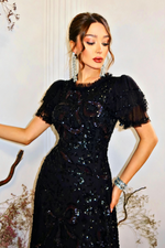 Flutter Sleeve Sequin Bow Tulle Evening Dress