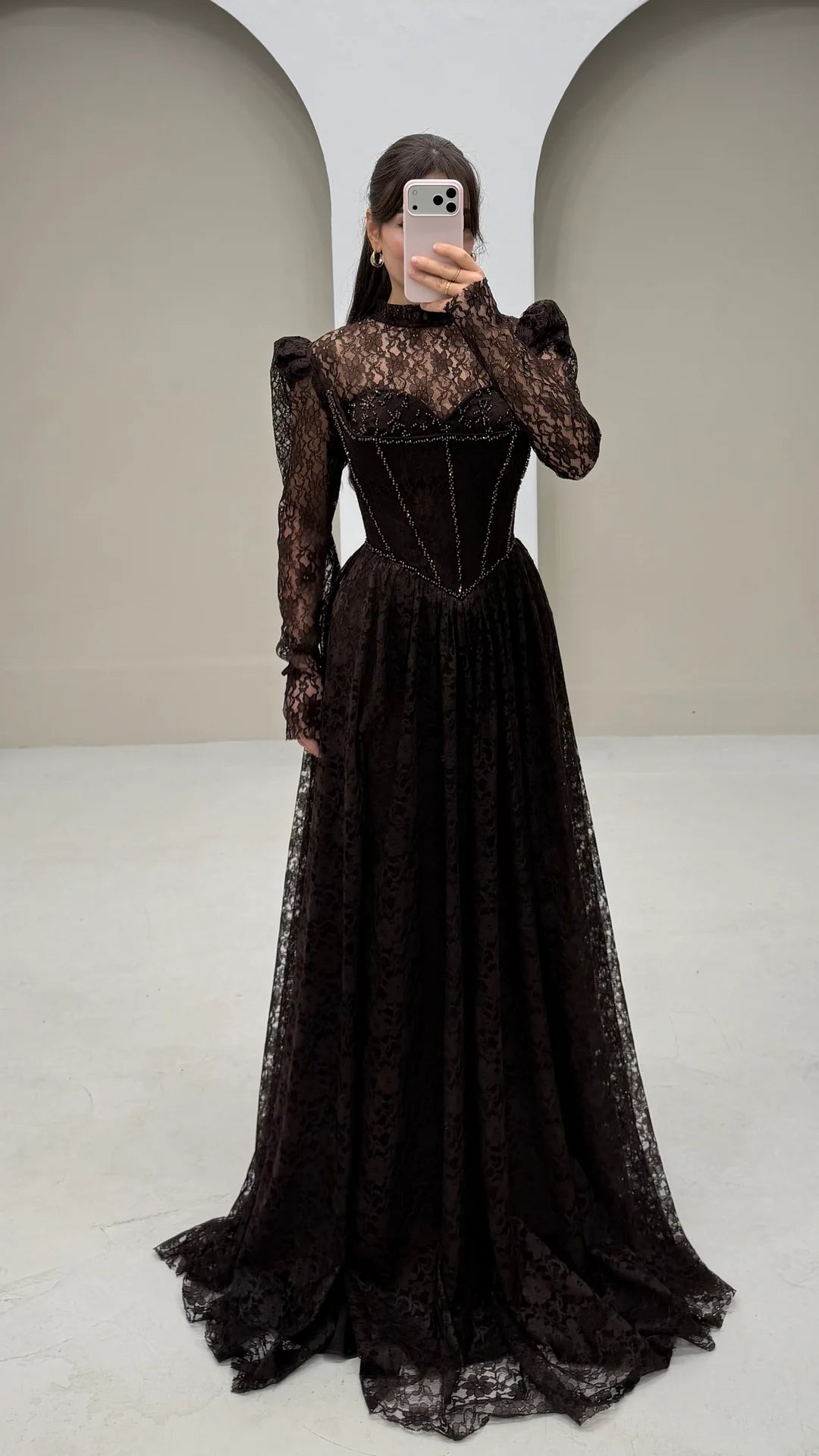 High Neck Lace Long Sleeve A-Line Floor-Length Evening Dress Sparkle