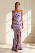 Purple Mermaid Spaghetti Straps Sleeveless 3D Floral Backless with Slit Long Prom Dress