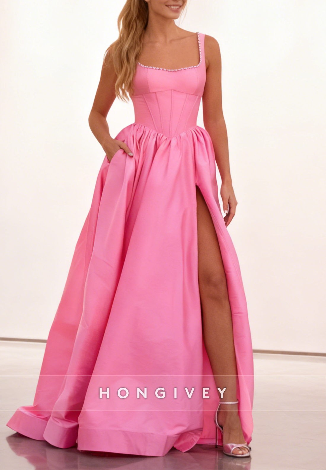 Simple Pink A-Line Slit Prom Dress