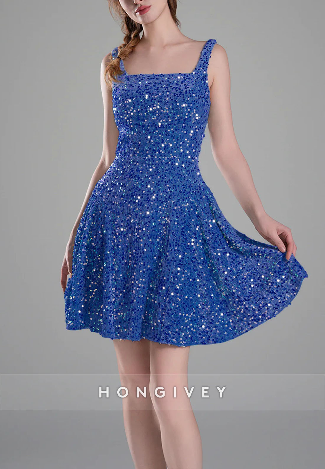 Square Neck Sequined A-Line Regular Straps Short Homecoming Dress