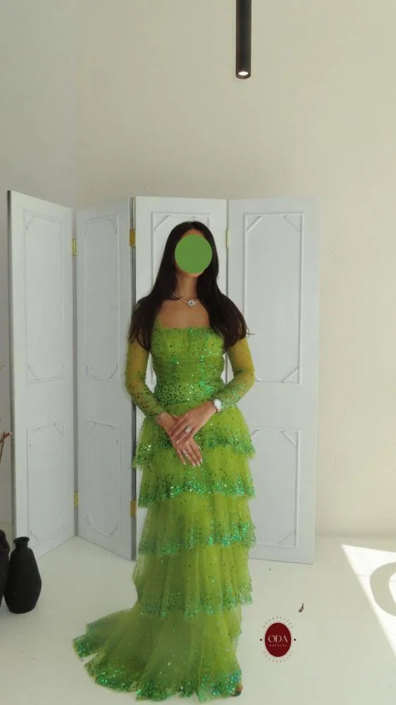 Sequins Sparkle Green Square Neck Long Sleeve A-Line Tassel Evening Dress