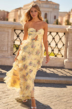 Sweetheart Yellow Flowers Floral Print A-Line Tassel Side Slit Floor-Length Prom Dress
