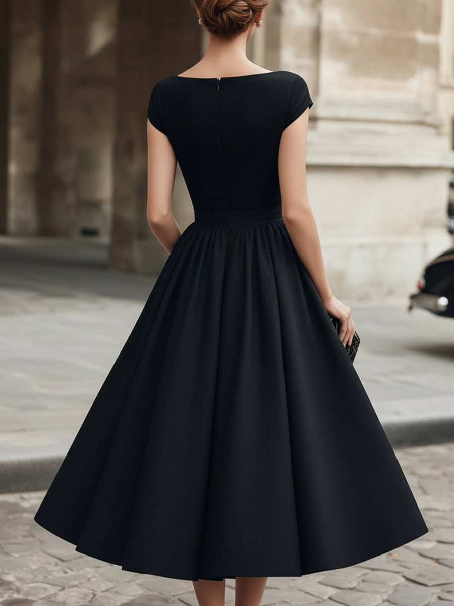 Cap-Sleeve Bow-Waist Midi Evening Dress