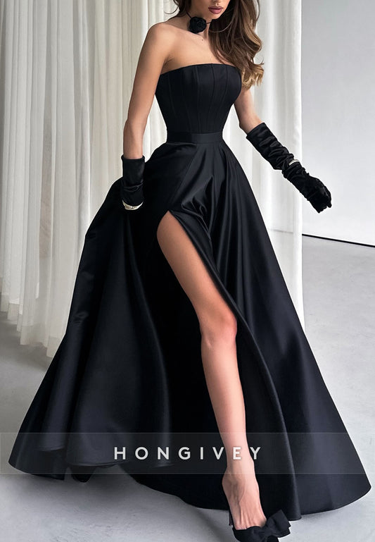Floor-Length High Slit A-line Off the Shoulder Satin Pleated Evening Gown
