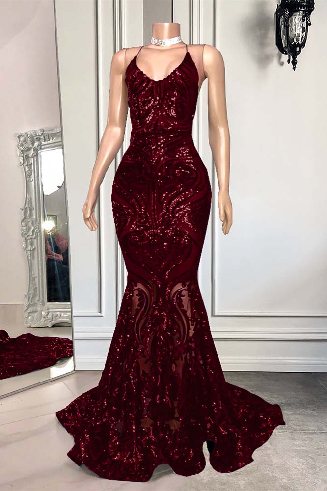 Hidais Mermaid Spaghetti Strap Sleeveless Royal Blue Long Prom Dress With Sequins