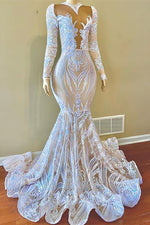 Hidais Sequins Lace White Mermaid Long Prom Dress Embroidery With Long Sleeves