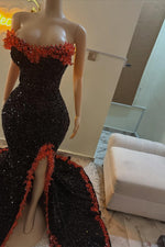 Black Strapless Sequins Prom Dress Mermaid Split With Crystals
