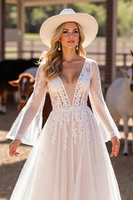 V-Neck Long Sleeves Tulle A-Line Bridal Dress With Appliques Open Back