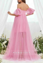 Maternity Sweetheart Off the Shoulder Puff Sleeve Mesh Overlay Wedding Dress