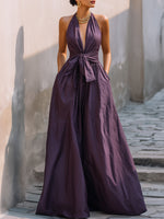 Halter Deep V-Neck Tie-Waist Maxi Dress