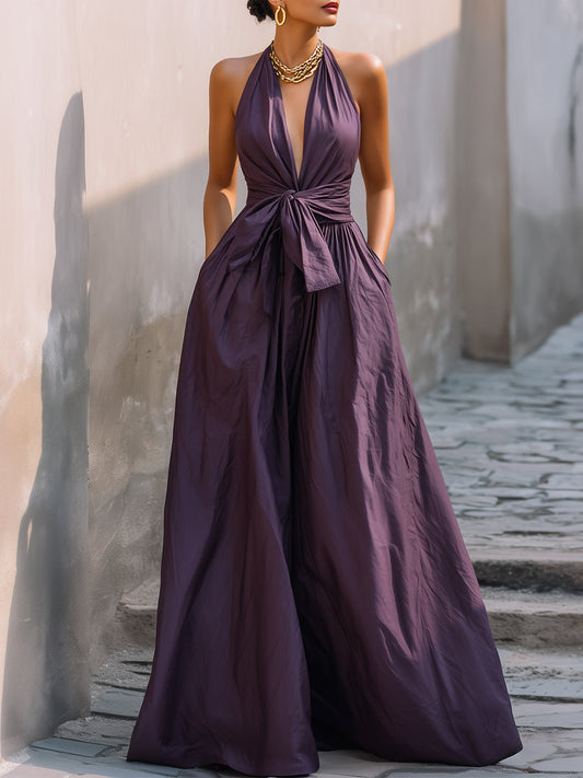 Halter Deep V-Neck Tie-Waist Maxi Dress