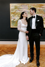 Charming Mermaid Square Neck Long Sleeves White Satin Wedding Dresses