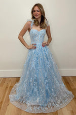 A-Line Sweetheart Light Blue Sequin Appliques Long Prom Dresses