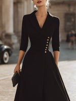 Wrap-Style V-Neck Midi Dress With Decorative Button Detail