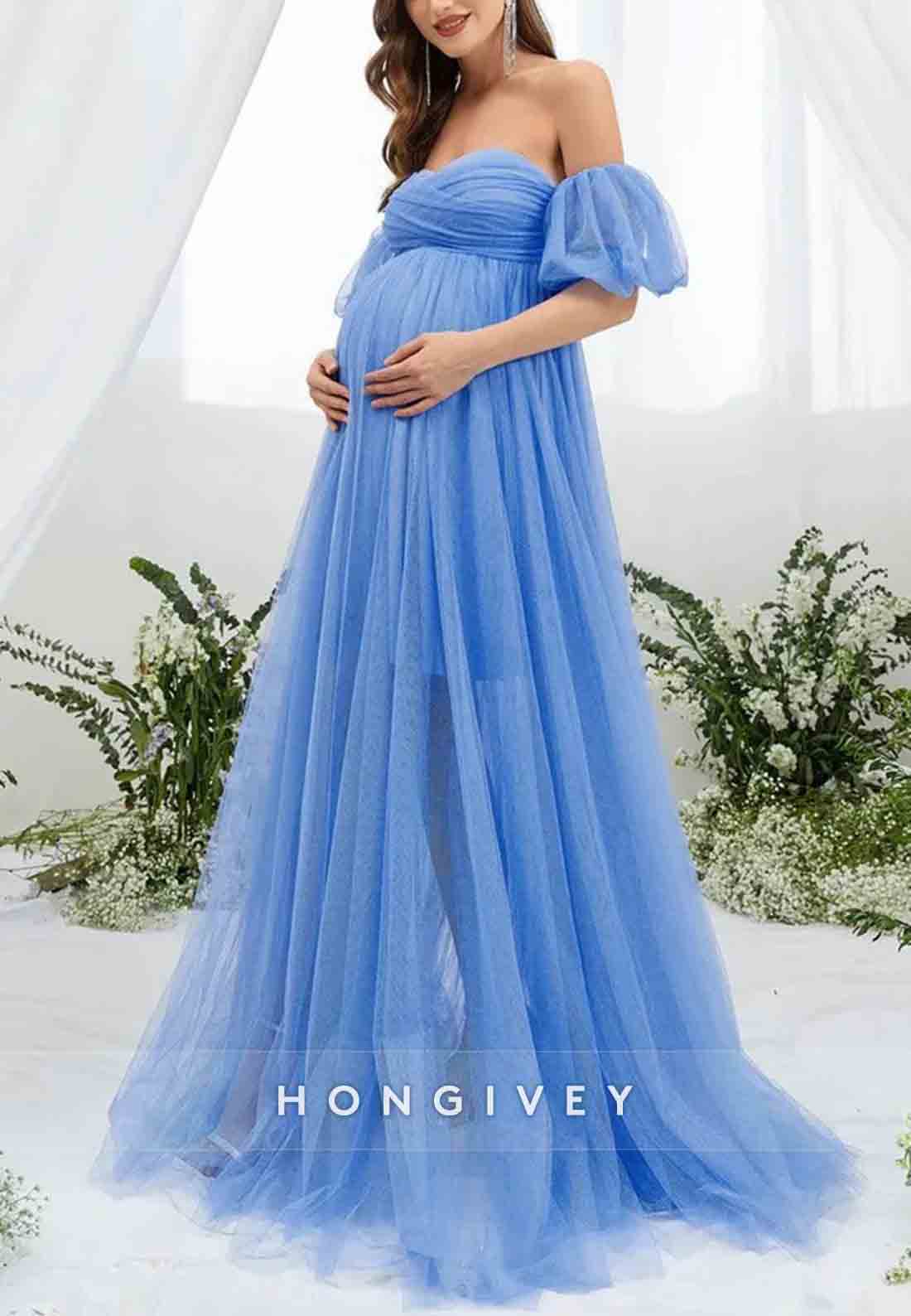 Maternity Sweetheart Off the Shoulder Puff Sleeve Mesh Overlay Wedding Dress