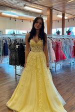 Cute A Line Sweetheart Daffodial Yellow Tulle Long Prom Dress with Appliques