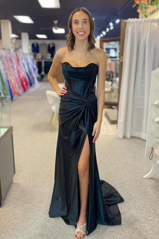 Charming Mermaid Sweetheart Black Satin Slit Prom Dress