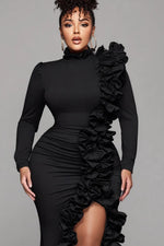 Plus Size Formal Black Round Neck Long Sleeve Split Elegant Ruffle 3D Satin Maxi Dresses