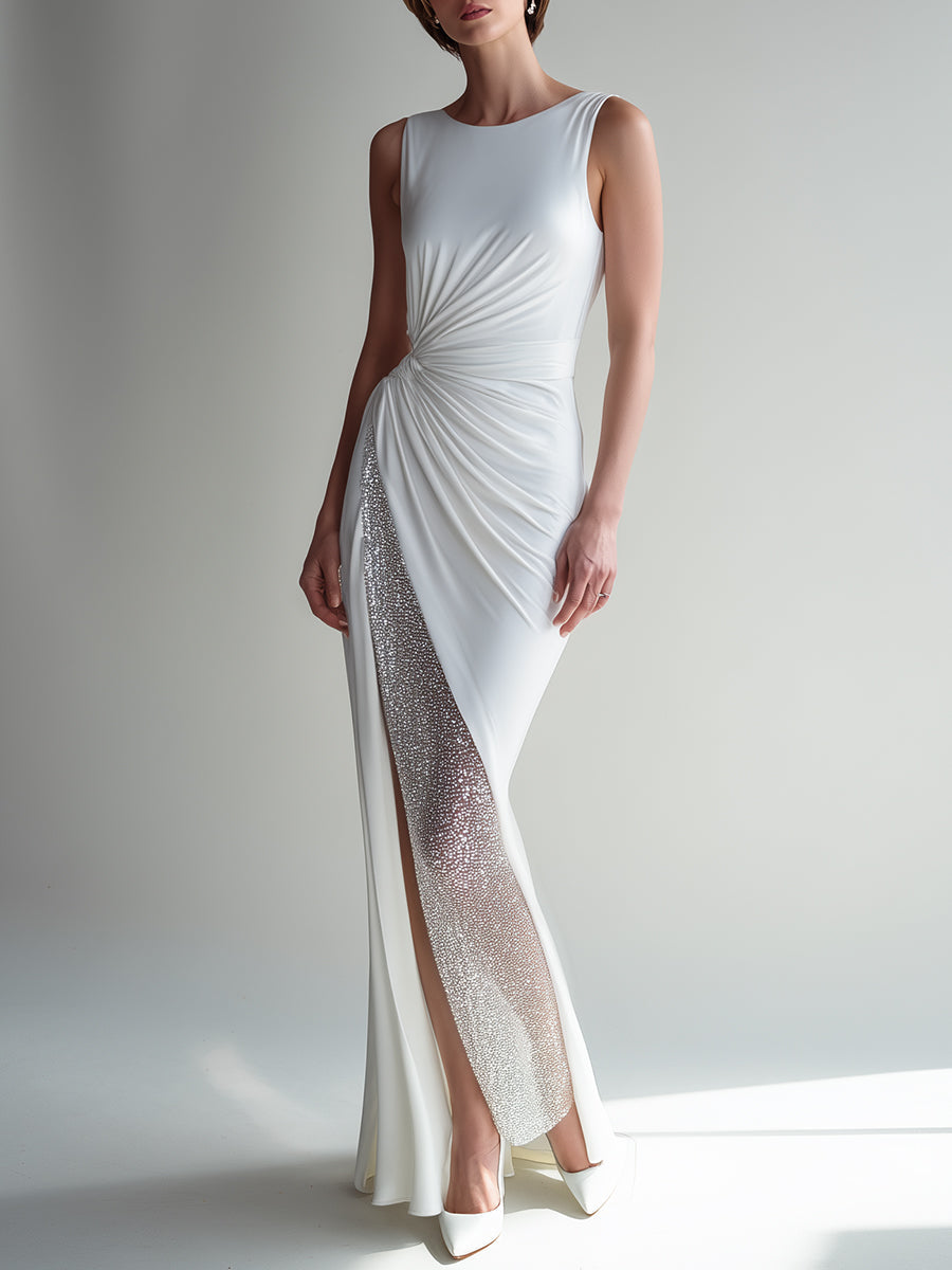 White Crystal-Embellished Ruched Side-Slit Evening Dress