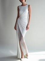 White Crystal-Embellished Ruched Side-Slit Evening Dress