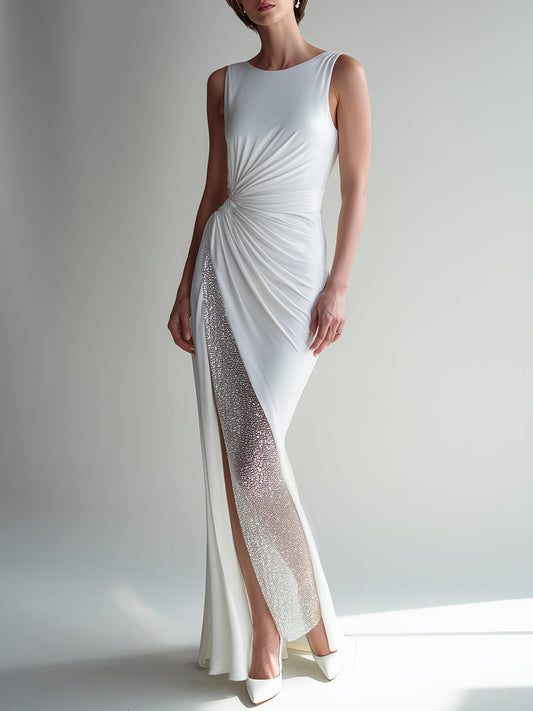 White Crystal-Embellished Ruched Side-Slit Evening Dress