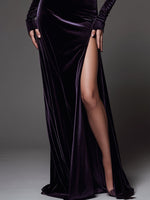 Deep Plum Off-Shoulder Velvet Evening Dress With High Slit