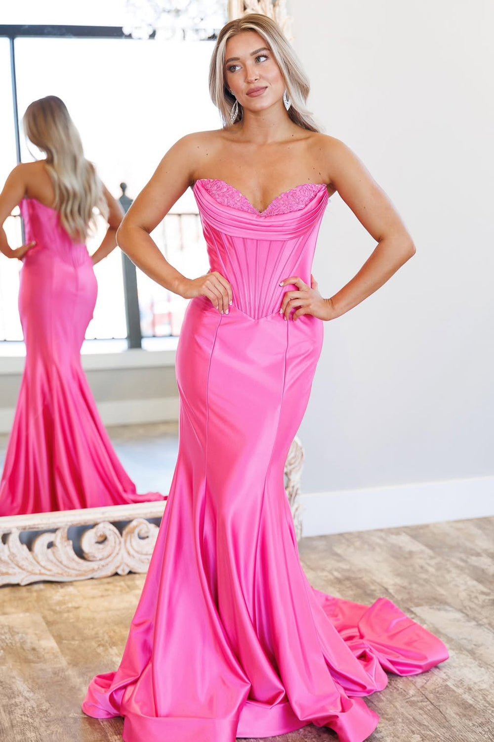 Fuchsia Sweetheart Corset Long Mermaid Prom Dresses with Appliques