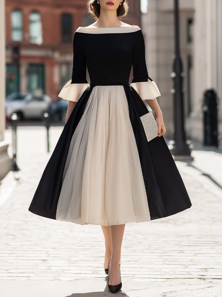 Off-Shoulder Contrast Panel Flared Midi Dress